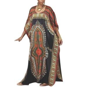 Ashro Black Multicolor Satin V-Neck African Empress Kaftan Maxi Dress Free Size